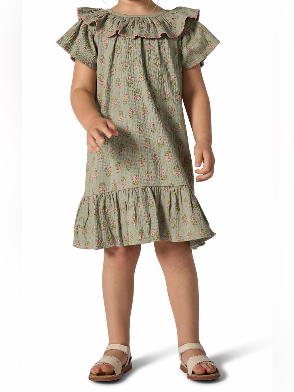 Gerber Sage Floral Ruffle-Hem Dress with Pink Accents